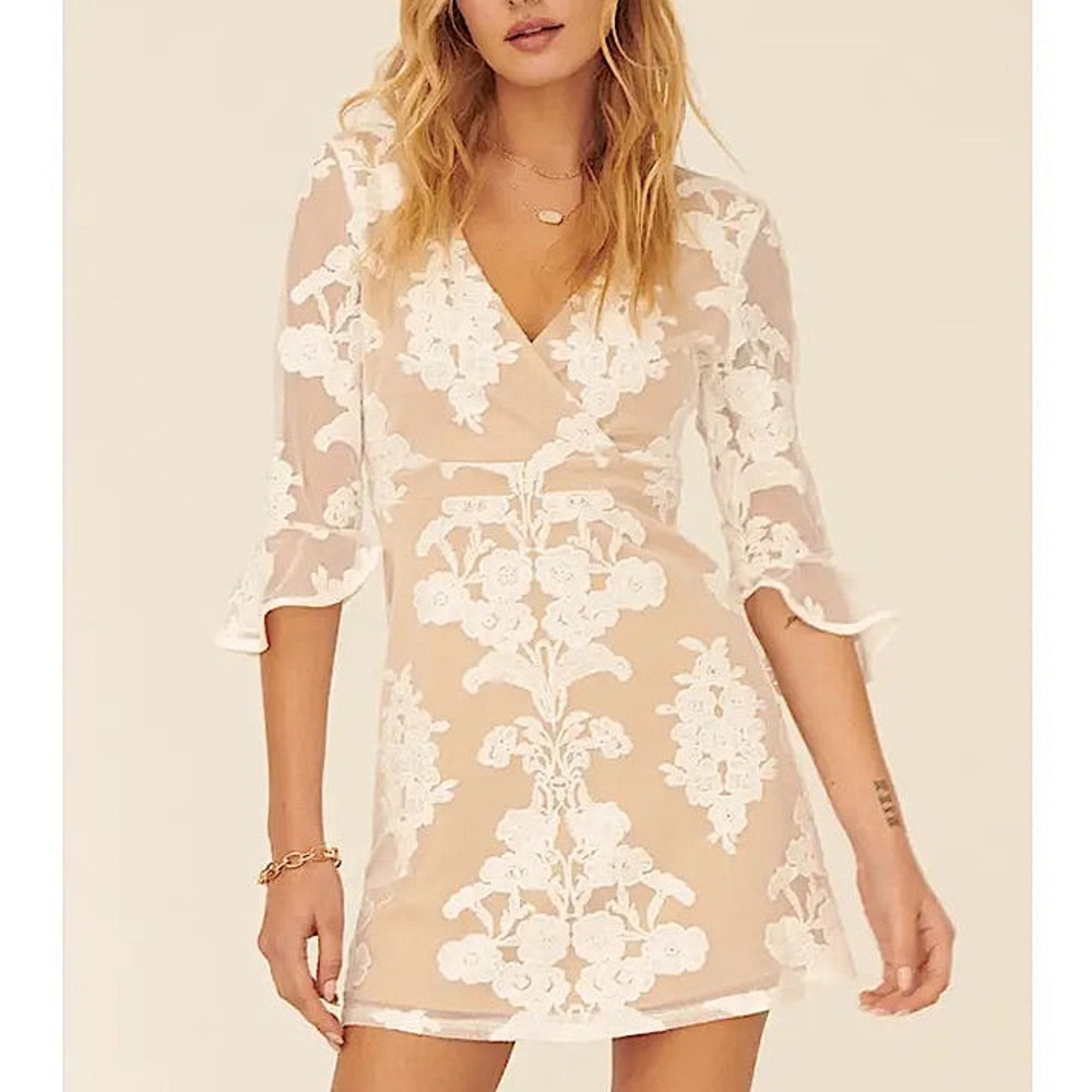 PROMESA White Floral Embroidered Lace Beige Bell Sleeve Mini Dress XS SMALL